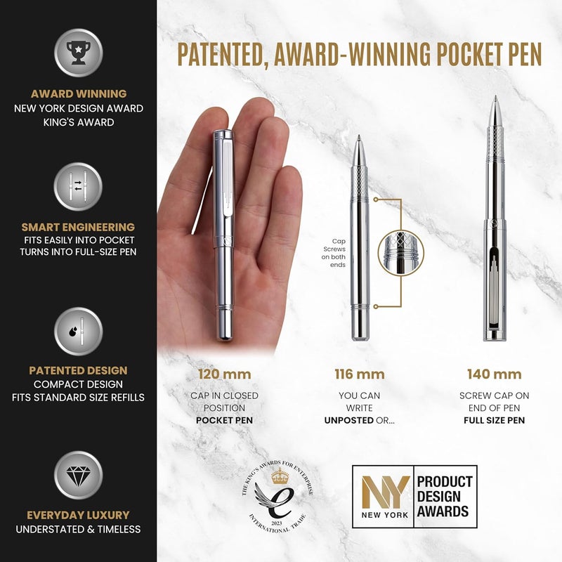 Scriveiner Silver Chrome Rollerball, Award Winning Luxury Pocket Pen with Chrome Finish, German Schmidt Refill, Best EDC Writing Instrument Gift Set for Men & Women, Fancy Office Pen - Image 4